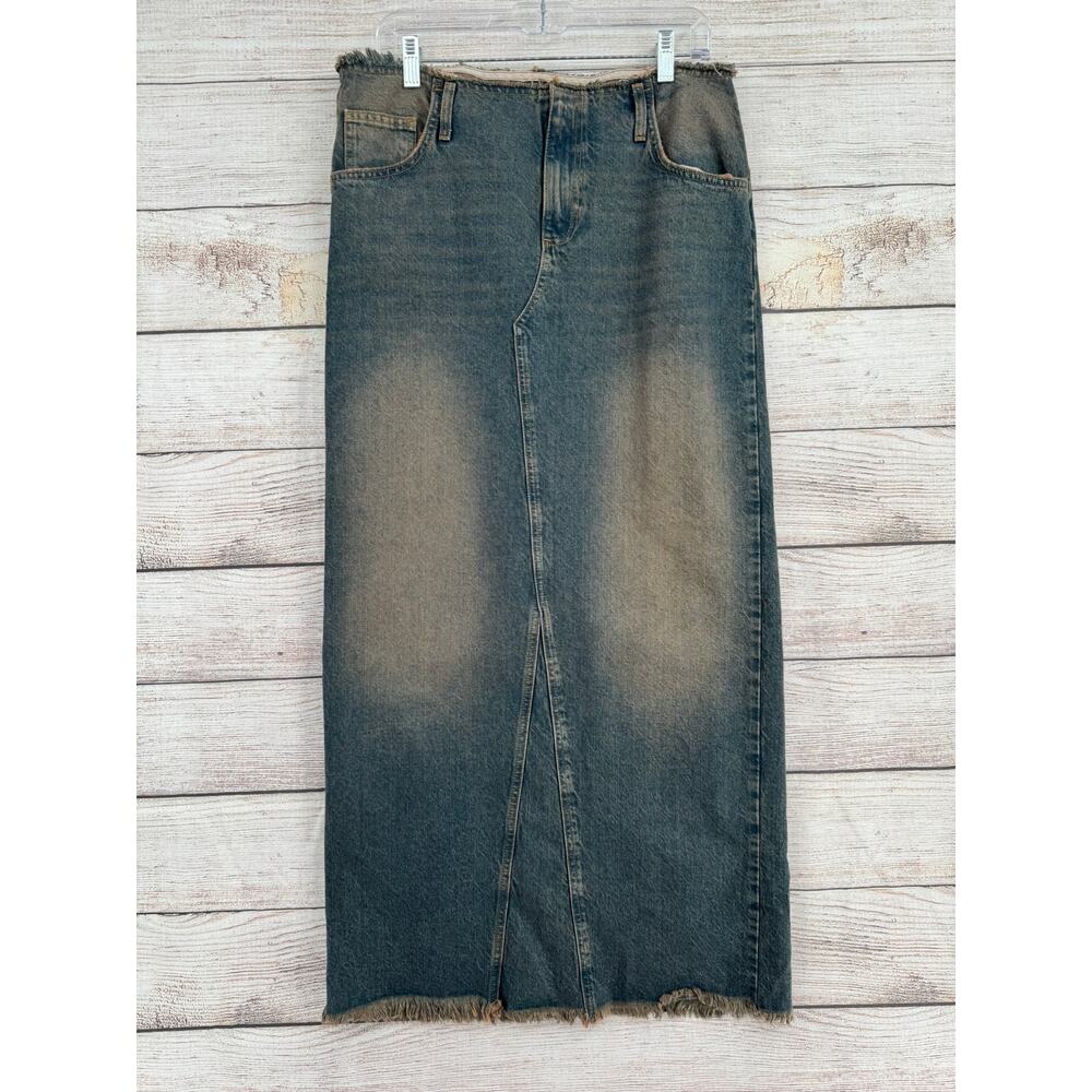 BDG Rough Hem Denim Maxi Skirt Womens Medium Blue Pink Wash Back Split Hem